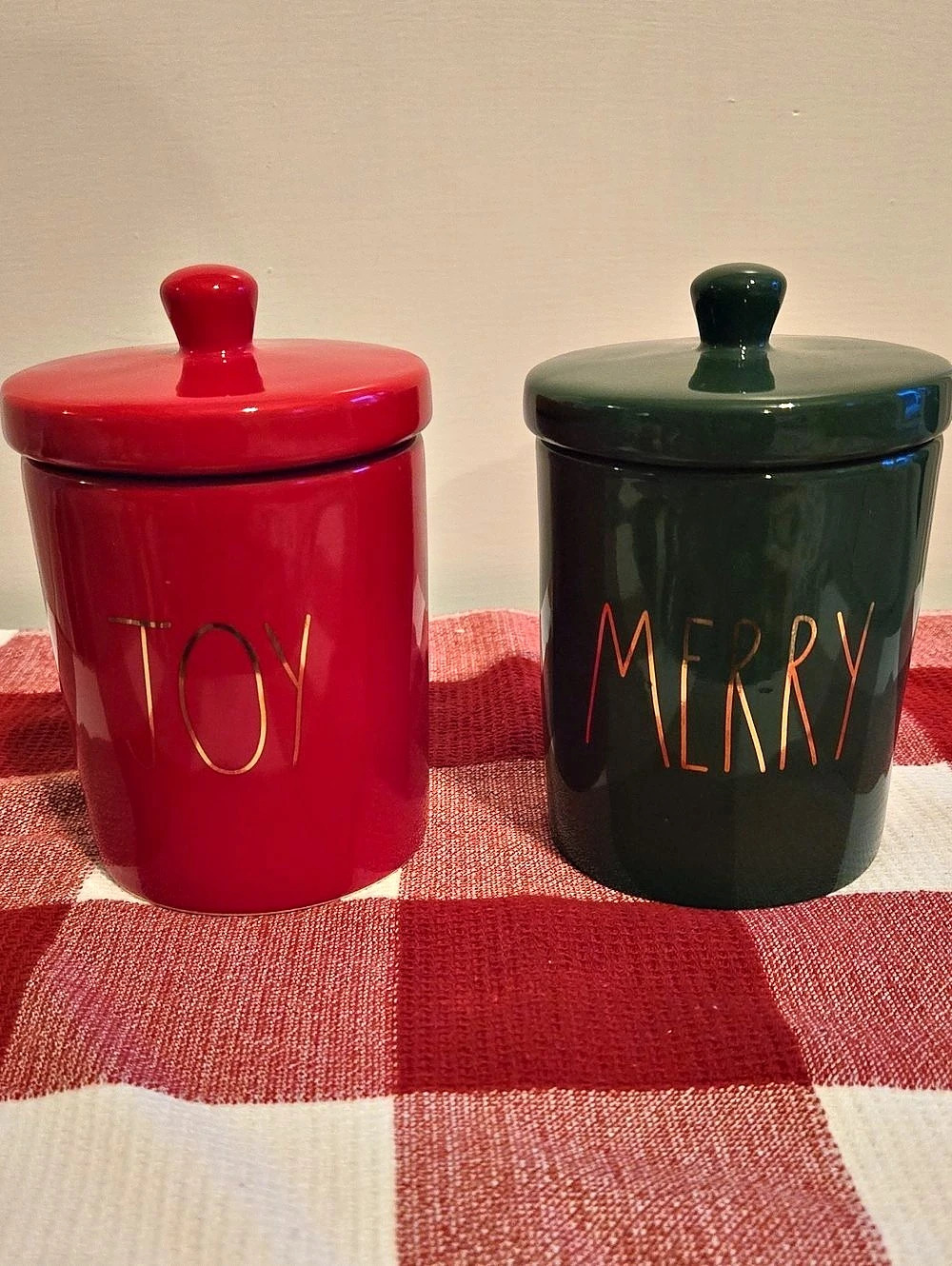 Rae Dunn Merry/Joy canister set Red & Green